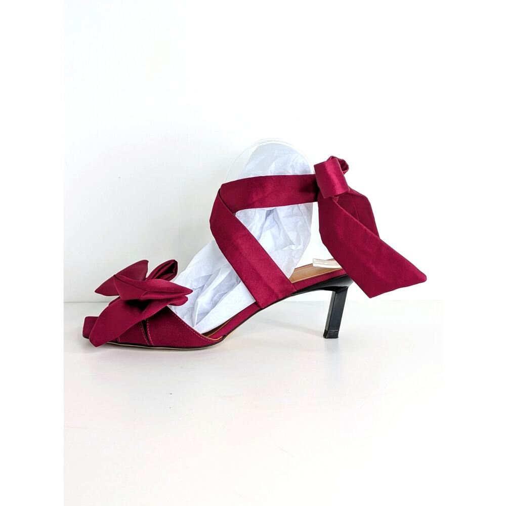 Ganni Bow Ankle Tie Heels 41 Magenta Open Toe Square Heel Ribbon Strap 10-10.5